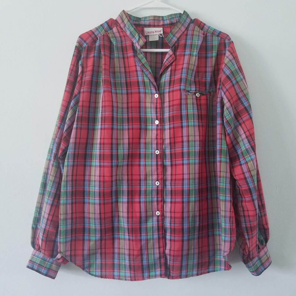 Vtg tartan plaid balloon sleeve button down blouse